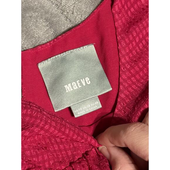 Anthro Maeve SZ 14 Magenta Gingham Top Cold Shoulder Micro Plaid Flutter Sleeve - Picture 3 of 10